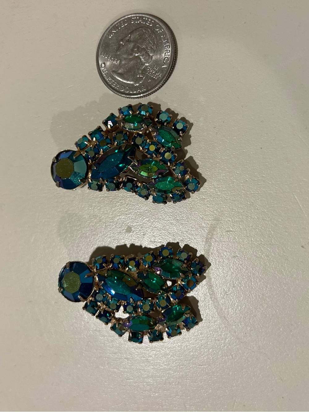 Blue-Green Crystal Clip-On Earrings - Unbranded